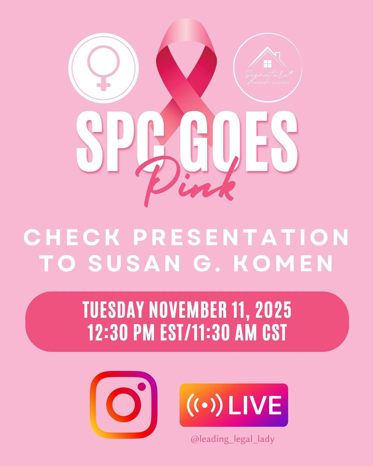 We&rsquo;re excited to announce that our SPC Goes PINK check presentation to Susan G. Komen will take place on Instagram LIVE Tuesday November 11th at 12:30pm EST/ 11:30 am CST.

This is a celebration of your incredible generosity and support, as wel