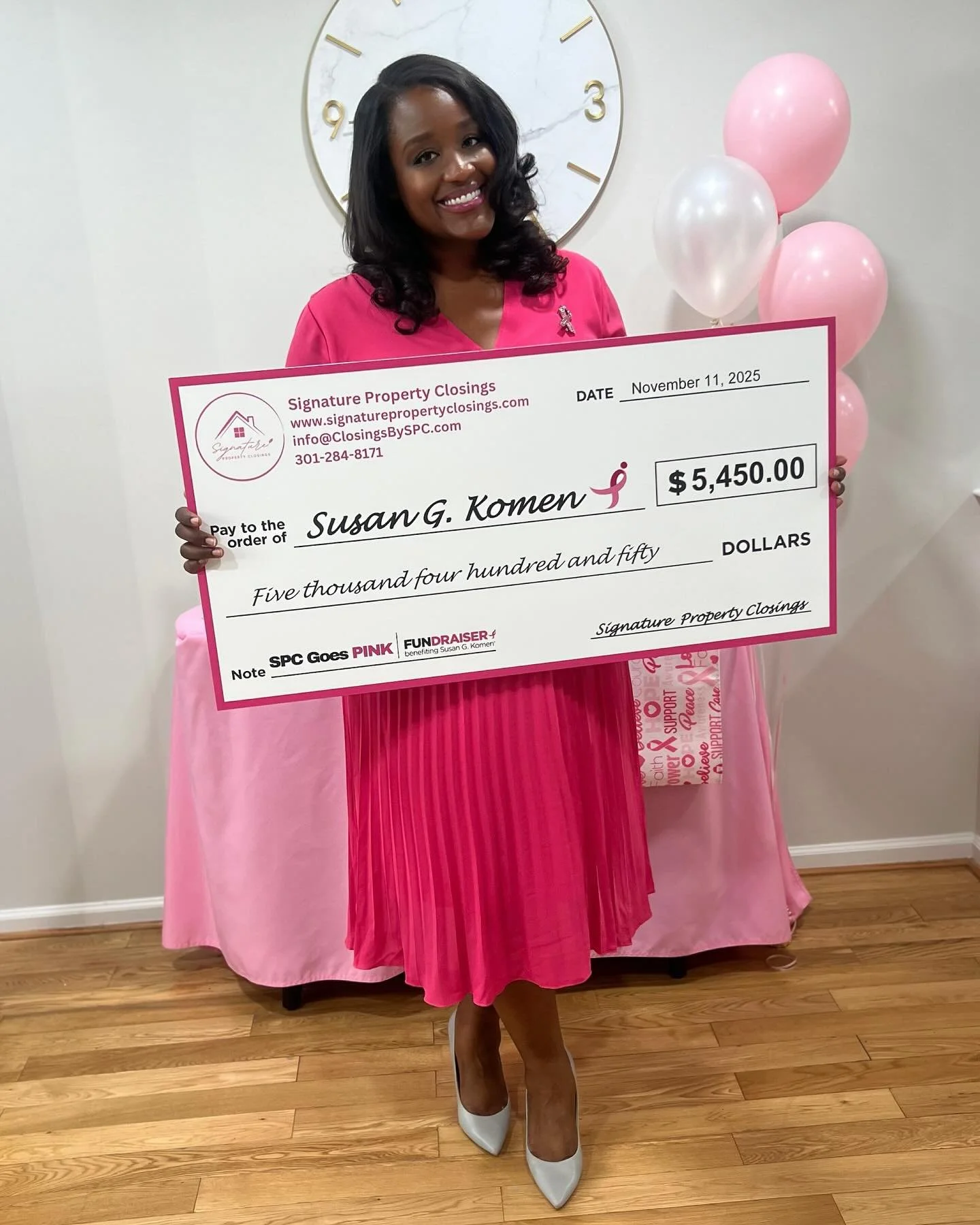 Thank you for supporting our fourth annual breast cancer awareness initiative, SPC Goes PINK. This year we were honored to present a check for $5,450 to Susan G. Komen. Every donation, every event, and every pink closing helped us reach this mileston