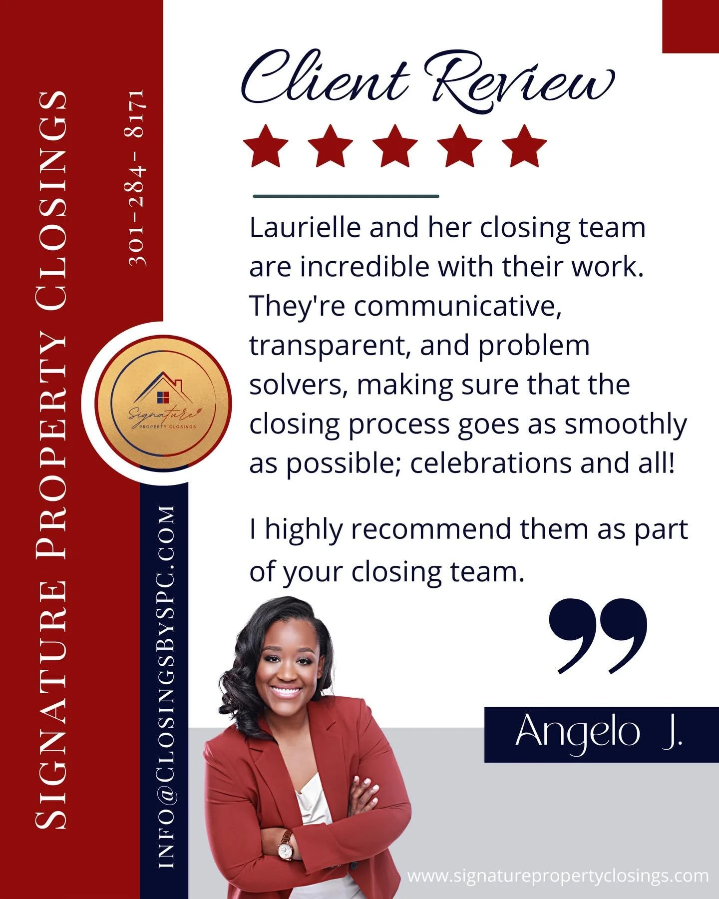 SPC Client Review✨

Closings By Signature Property Closings

&ldquo;It&rsquo;s not just a closing, it&rsquo;s an experience!&rdquo;

Interested in closing with SPC? Email us your ratified contract today! 

Signature Property Closings 
Serving DC, MD,