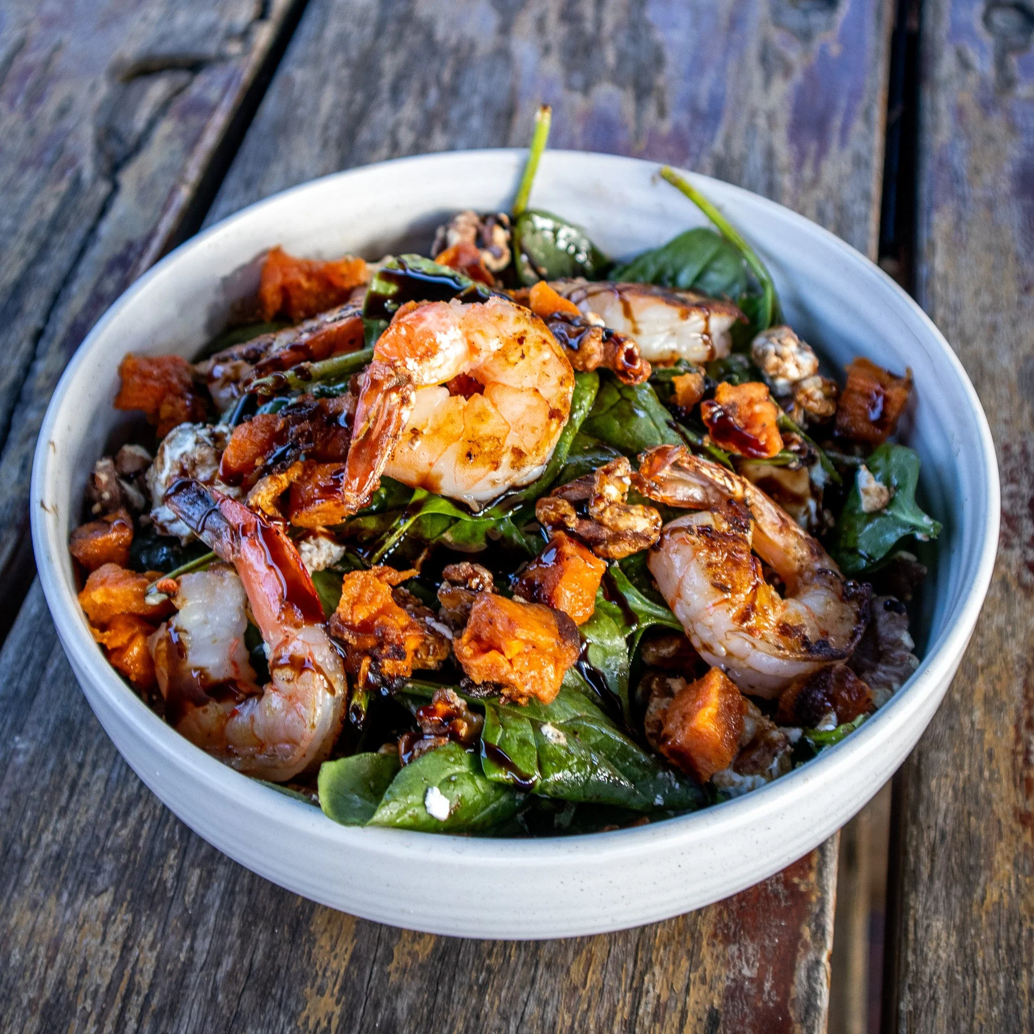 We have just the Winter Salad for those cool days ❄️ Our Warm Sweet Potato Salad is made with spinach, roasted sweet potato, walnuts, feta Spinach, roasted sweet potato, walnuts, feta &amp; balsamic reduction

Add prawns or chicken to take it to the 