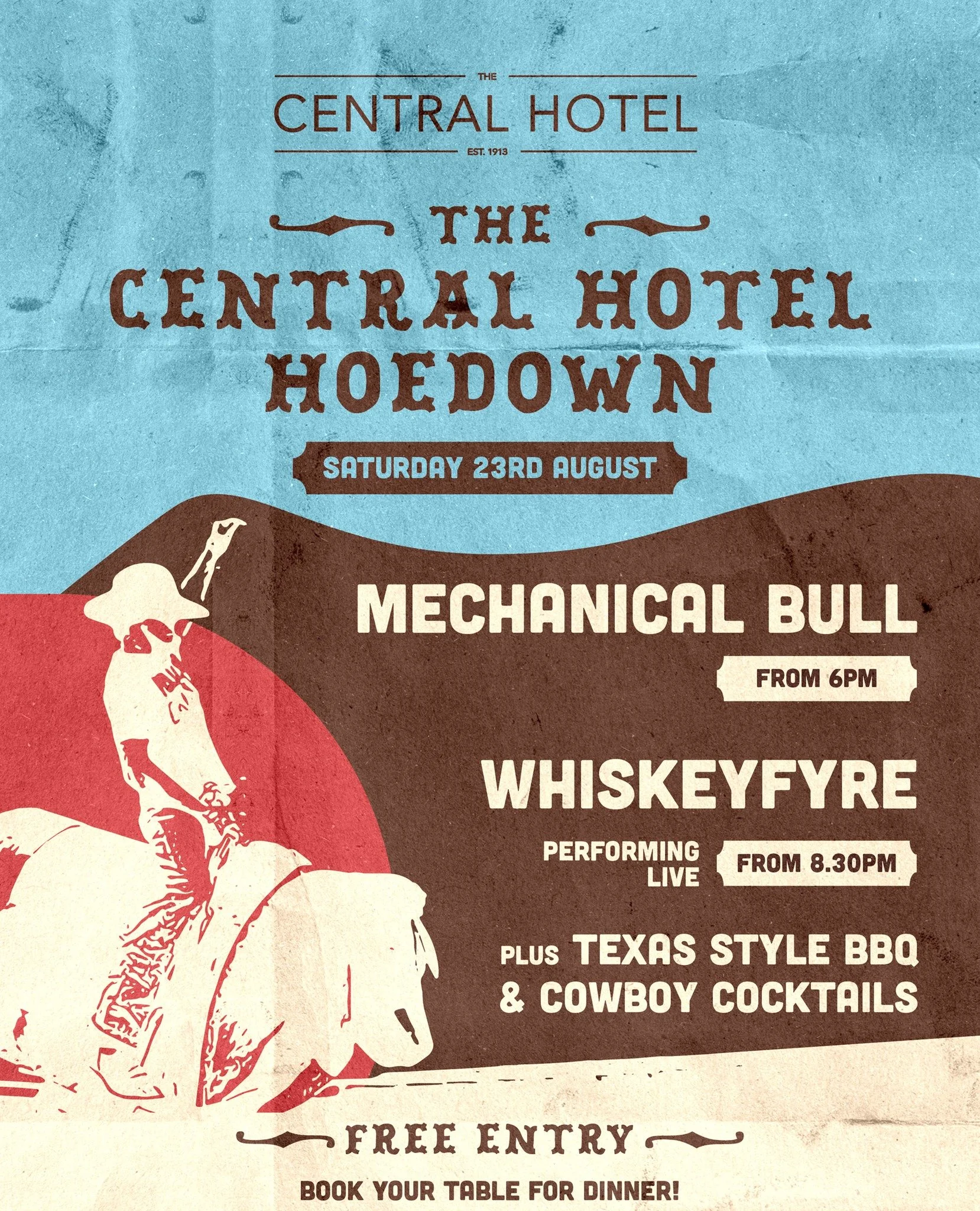 Don't forget to book your table for dinner! The Central Hotel Hoedown is happening this August 🤠 Join us for a Texas Style BBQ, Cowboy Cocktails, Mechanical Bull &amp; Live Music from @whiskeyfyre 🎶

This is a night you won't want to miss! Happenin