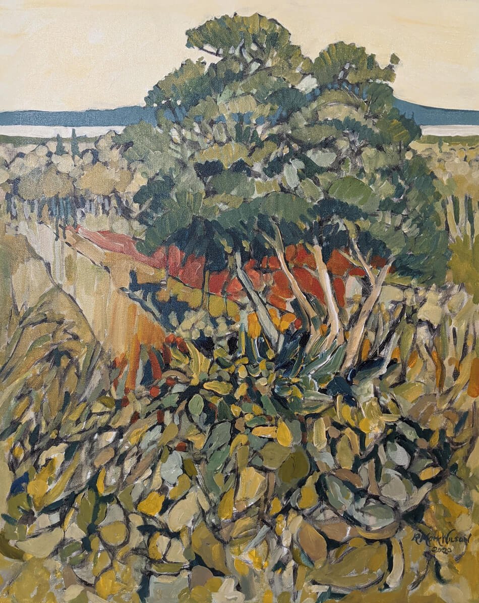 Abstract landscape painting with bushes and trees in green, red, and yellow tones.
