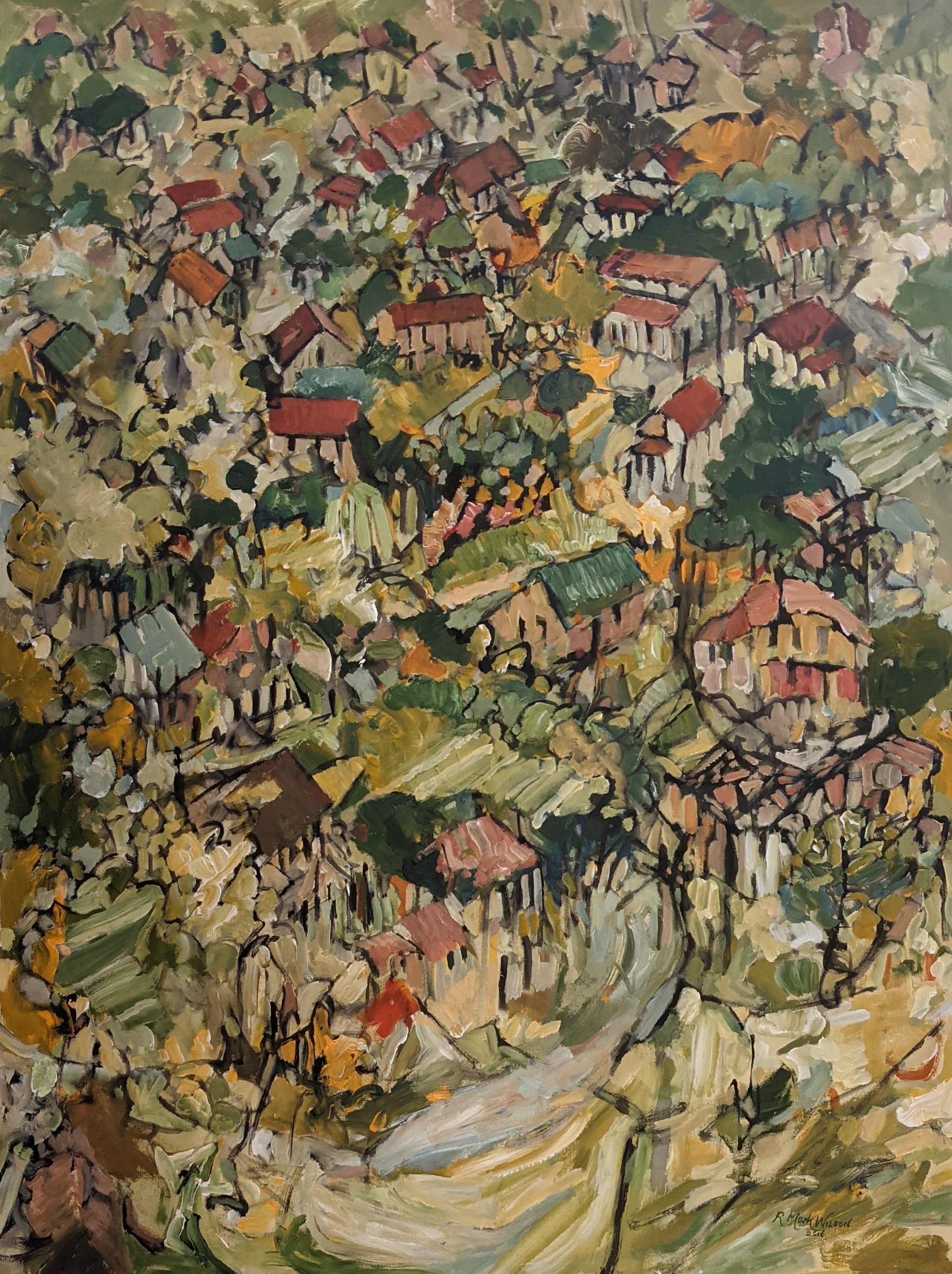 Abstract painting depicting a rural village landscape with scattered houses and trees in green, brown, and yellow tones.