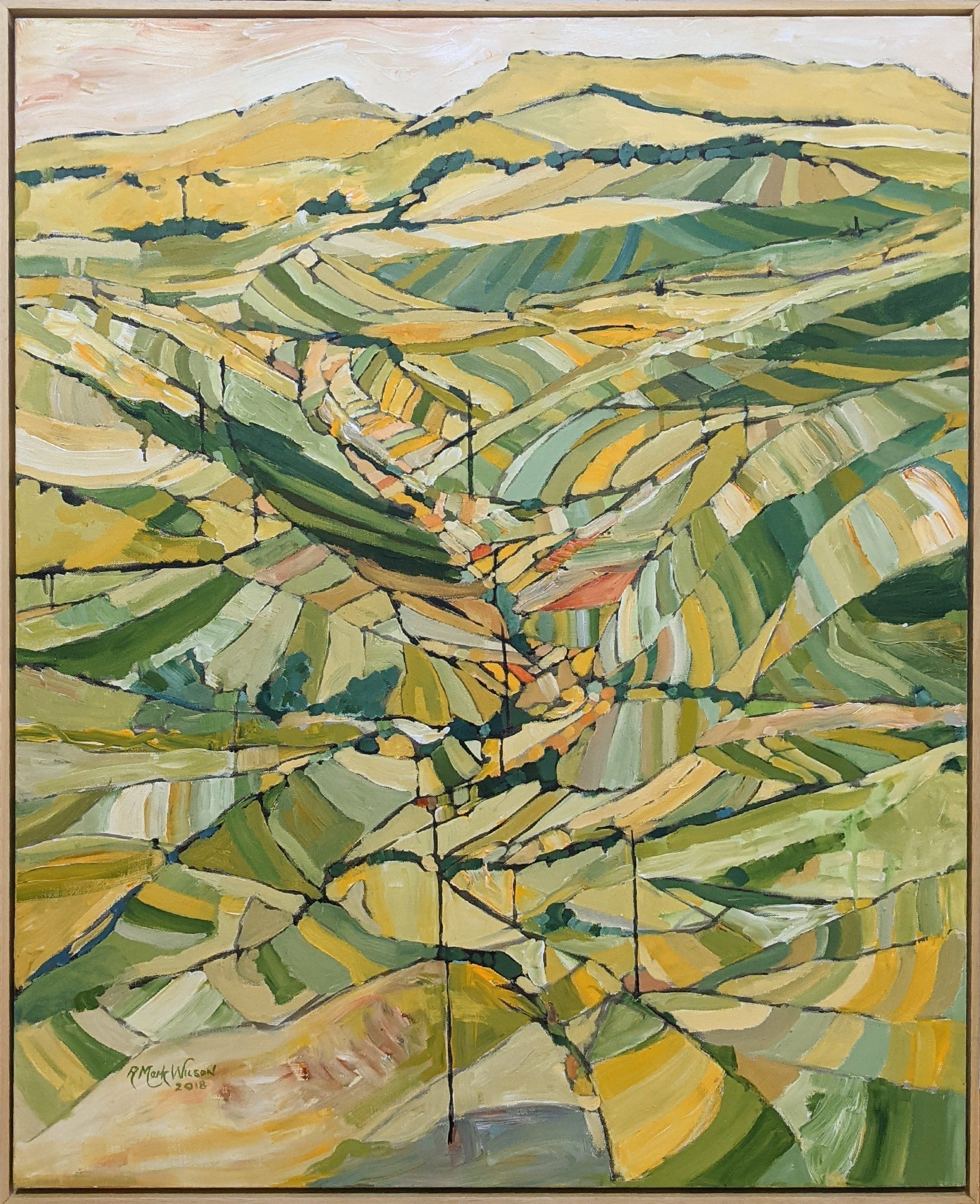Abstract painting of a hilly landscape with patchwork fields in green and yellow tones.