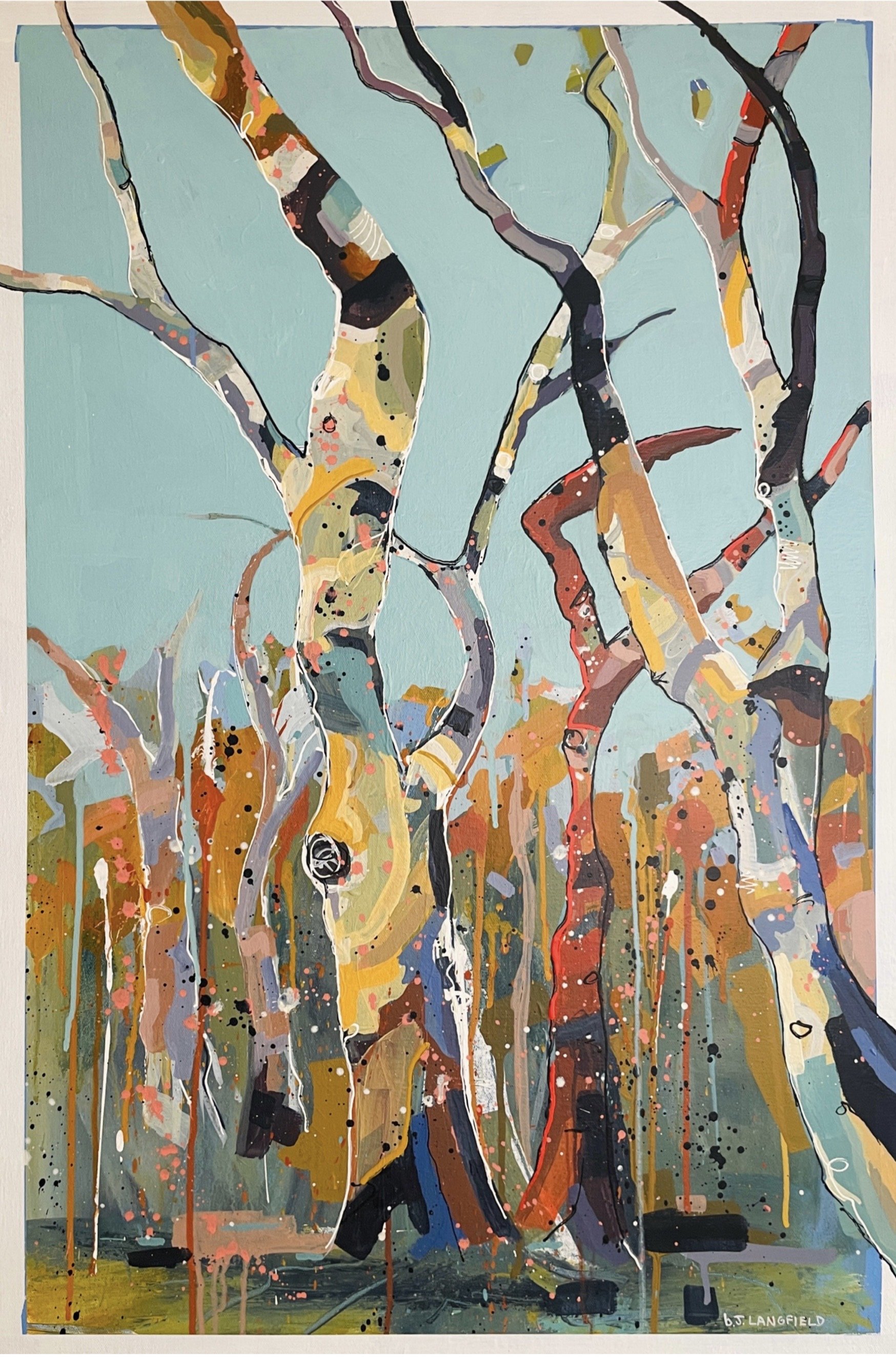 Abstract painting of colorful tree trunks against a light blue sky background.