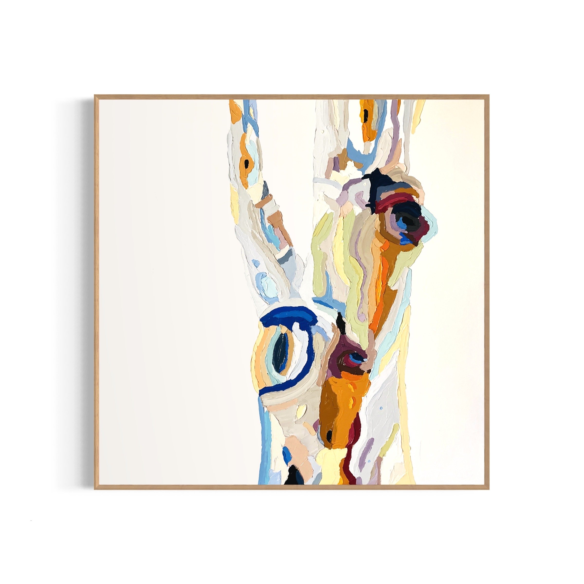 Abstract painting of a tree trunk with colorful swirls in blue, orange, and yellow on a neutral background.