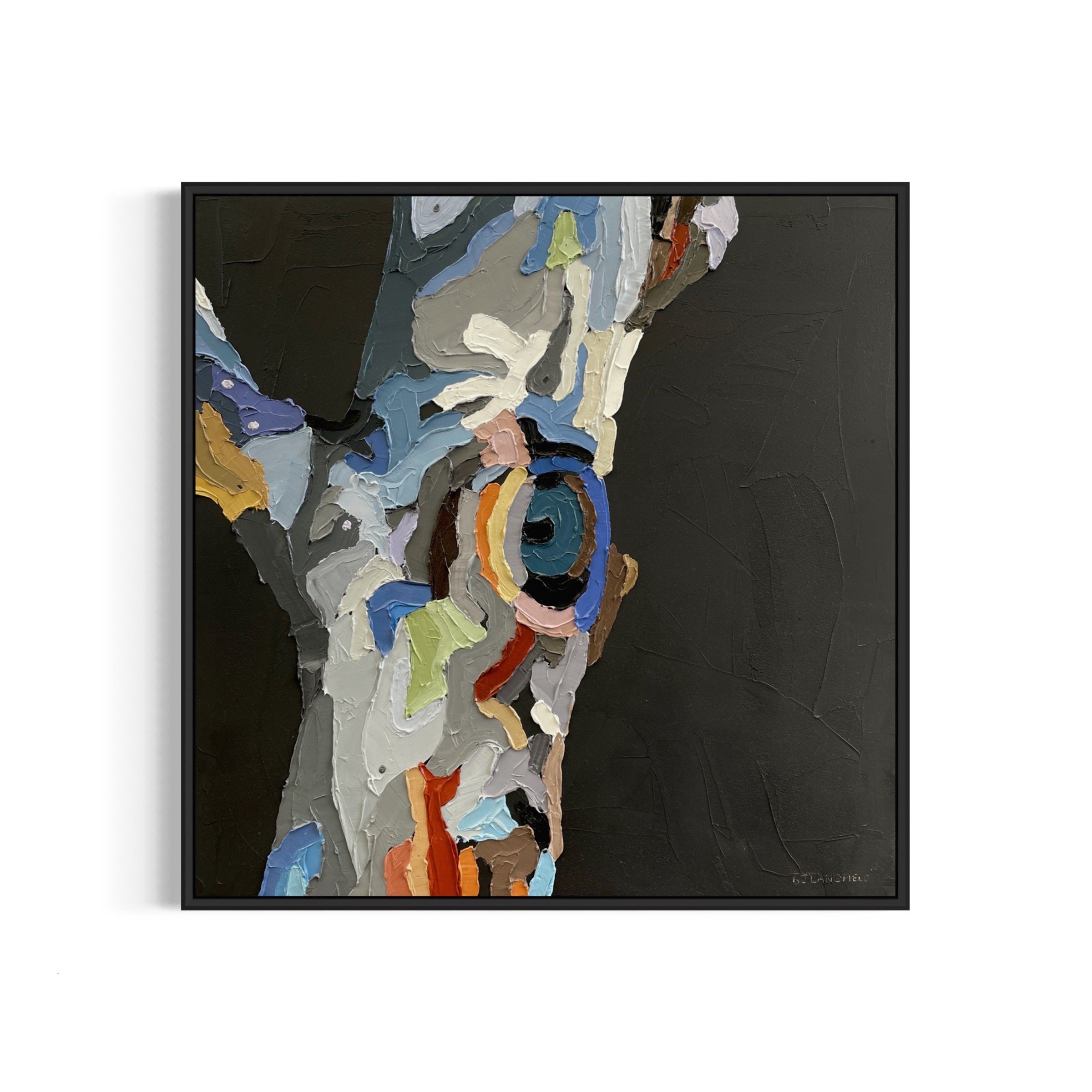 Abstract painting of a tree trunk with colorful, textured brushstrokes on a dark background.