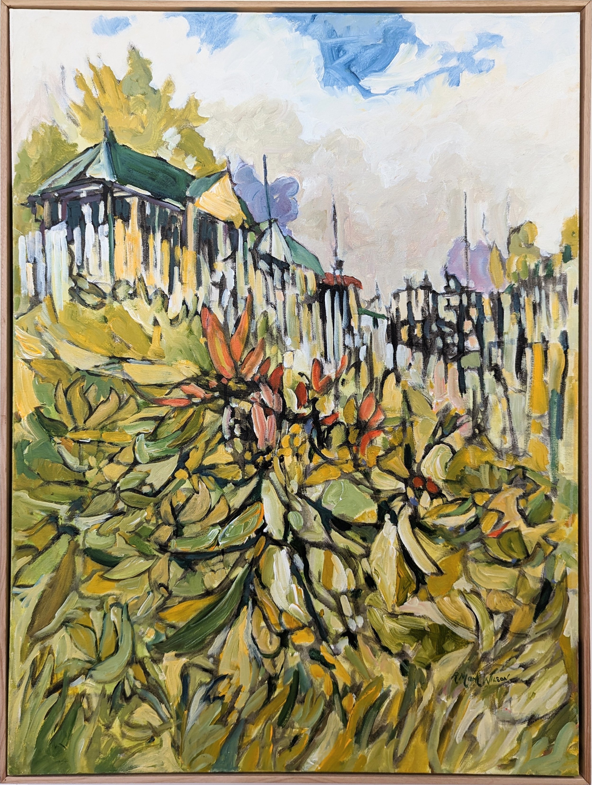 Abstract painting of a landscape with leafy plants and structures with green roofs.