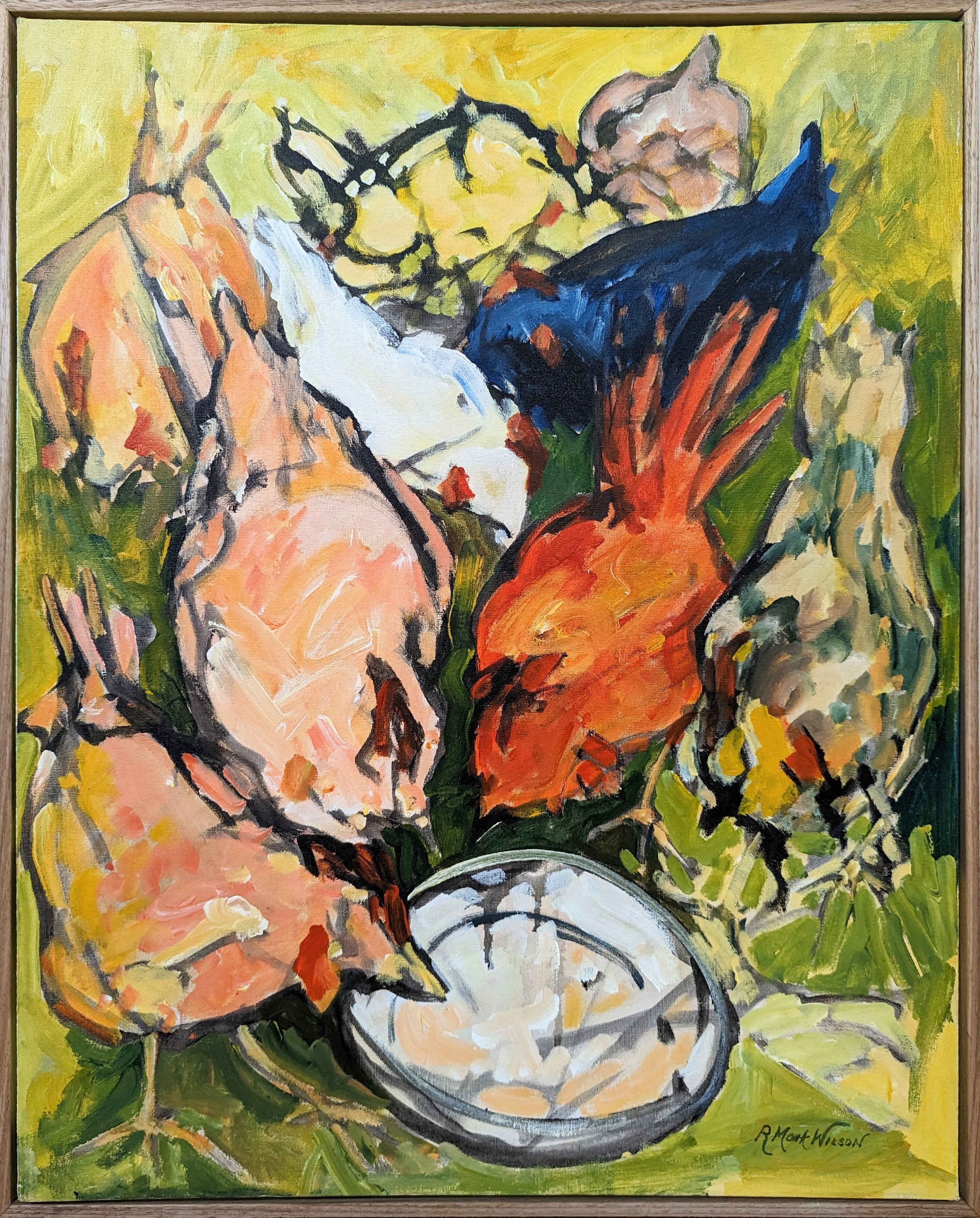 Abstract painting of chickens surrounding a bowl with green and yellow background.