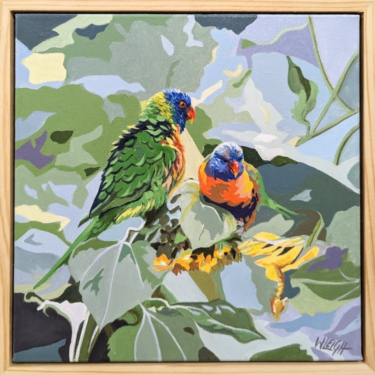 Painting of two colorful parrots perched on green foliage.