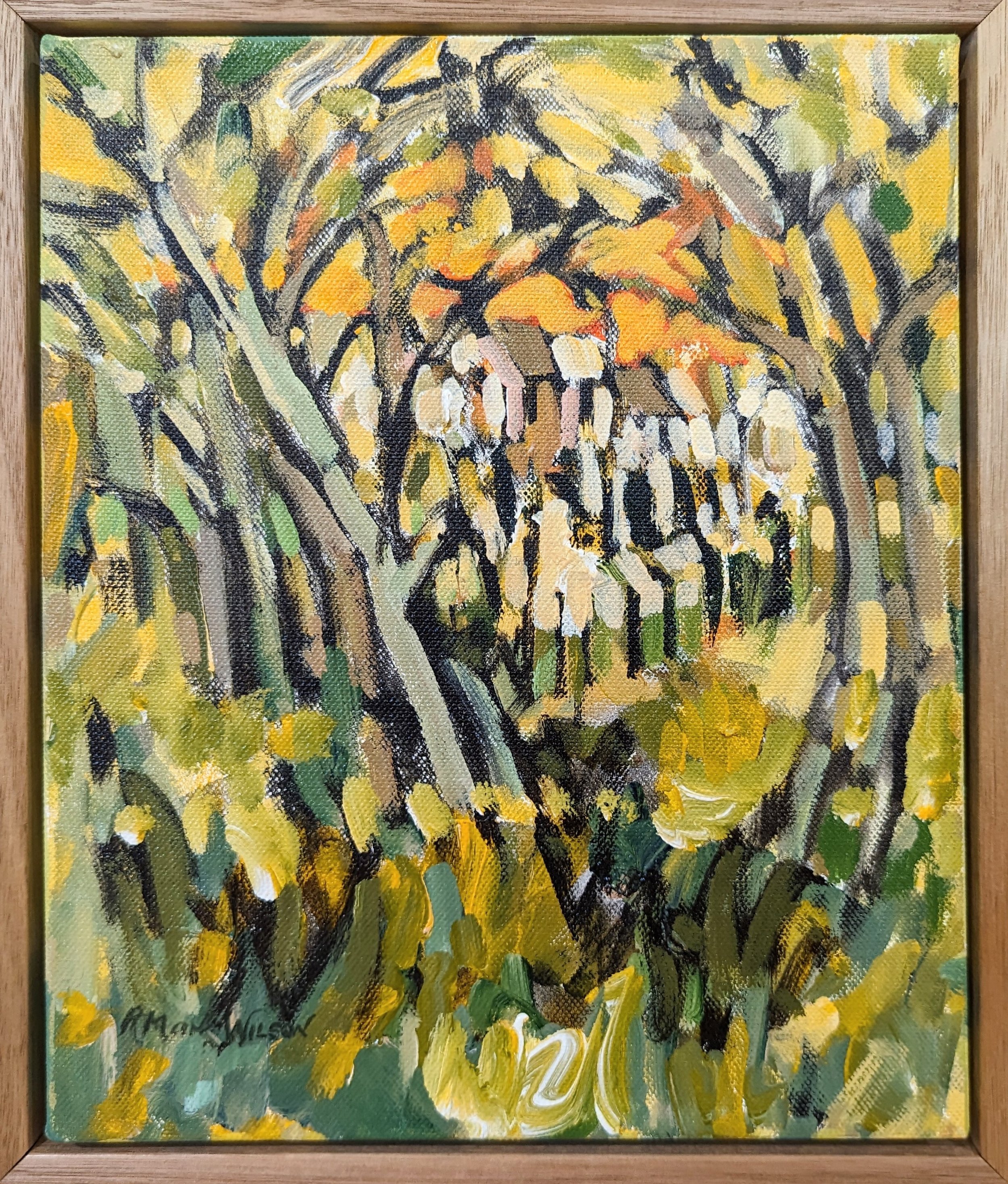 Abstract landscape painting featuring trees and nature with warm colors.