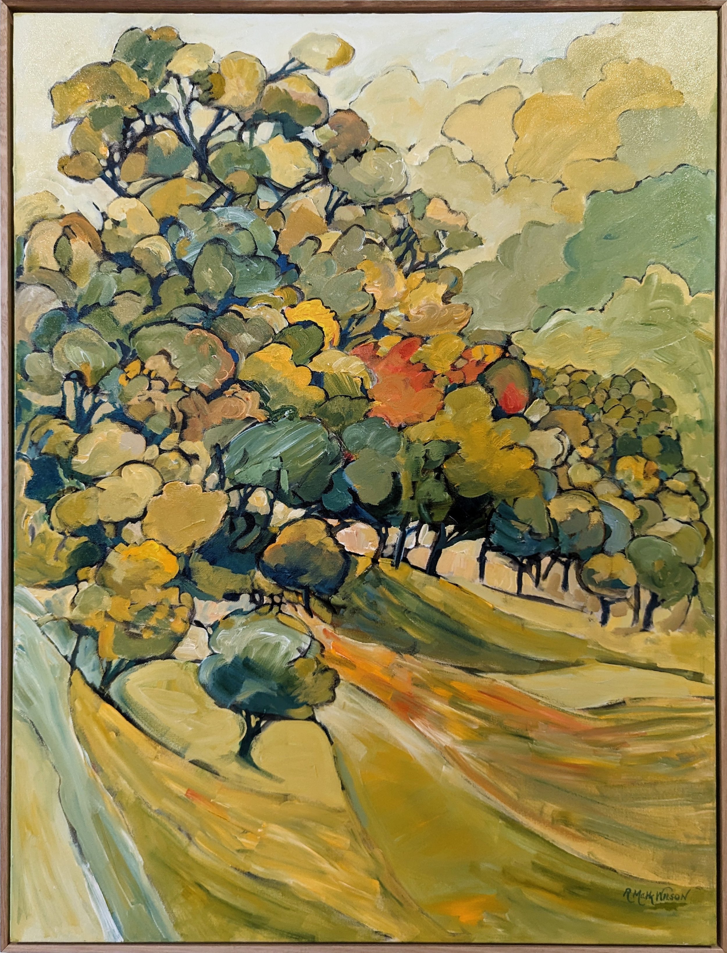 Abstract painting of a landscape with a group of stylized trees in green, yellow, and orange tones. The scene includes rolling hills and a cloudy sky, with vibrant colors suggesting a fall season.