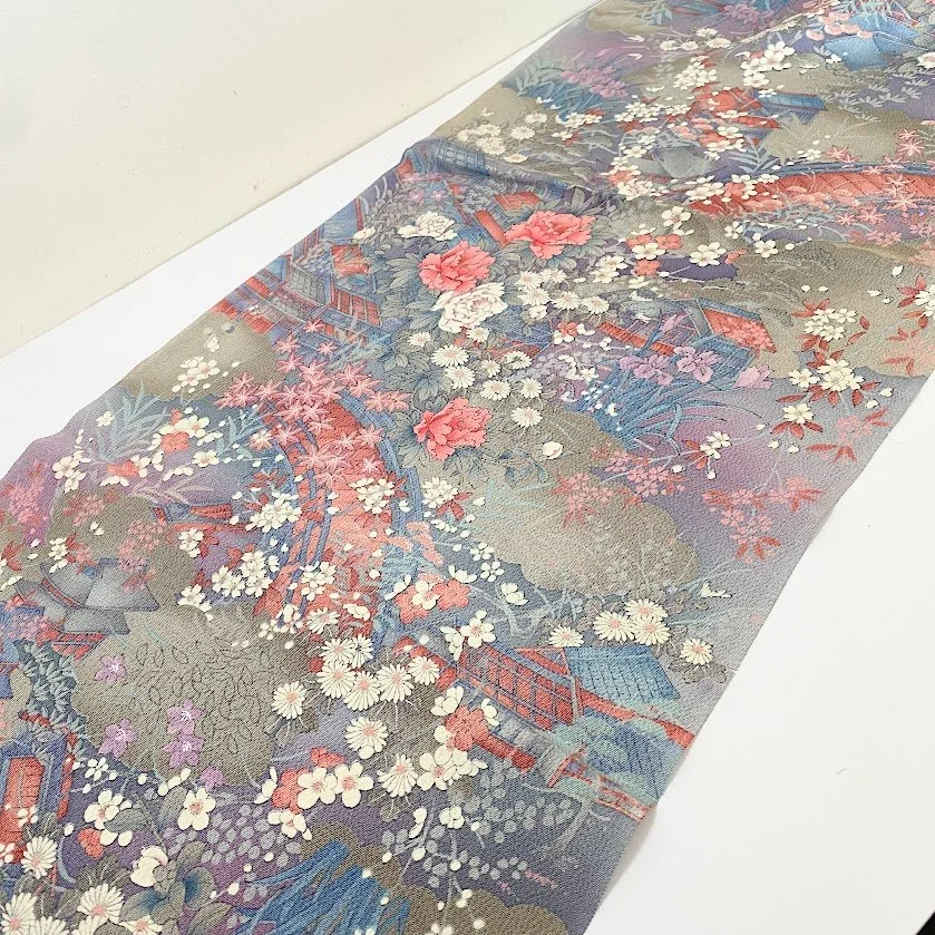 Hidden Pavillion Hand Painted Chirimen Kimono Silk CJ88