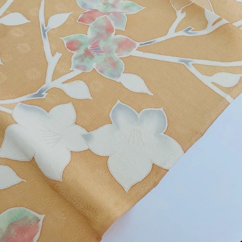 Apricot Yuzen Hand Painted Jacquard Kimono Silk RW24