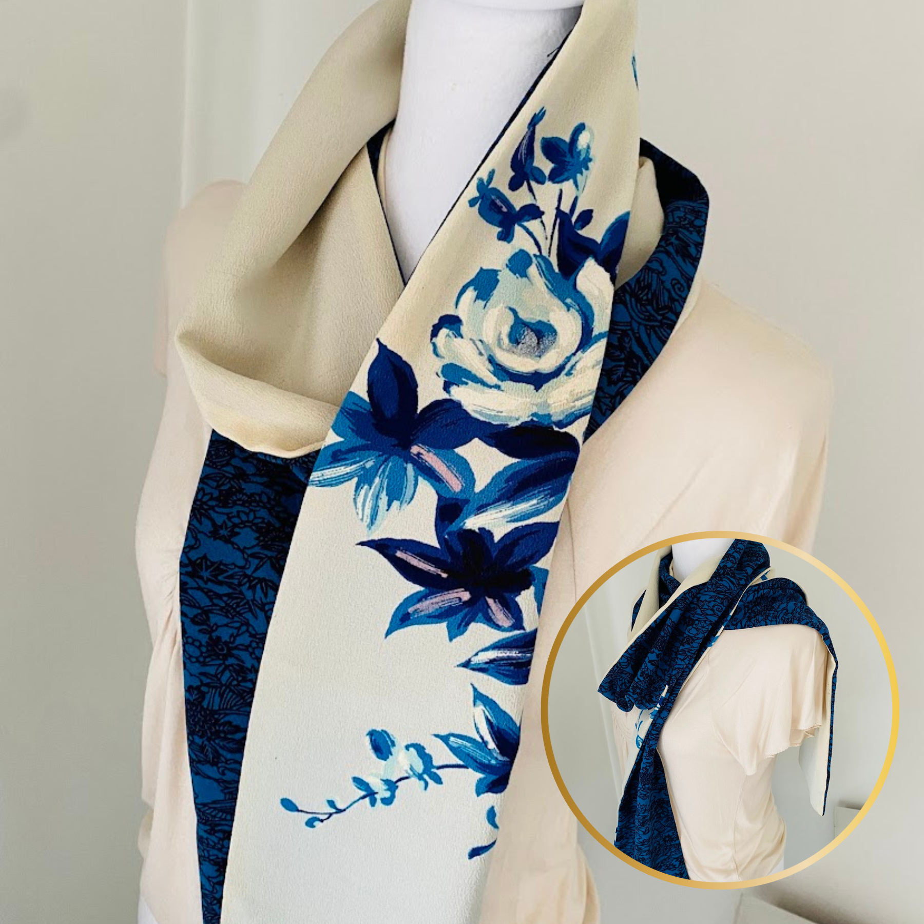 Blue 1910s Antique Reversible Hand Painted Indigo Dyed Scarf