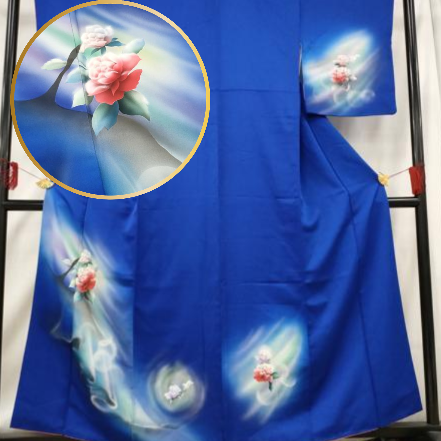 Cobalt Camellia LONG Silk Kimono Robe 8477