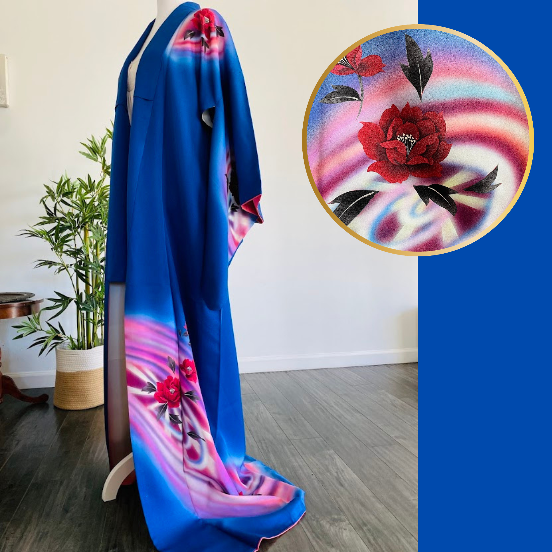 Rose on Cobalt Blue Hand Painted LONG Silk Robe