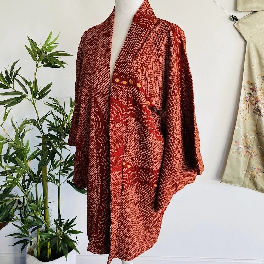 UnUsed Terracotta 1960s Silk Shibori Haori Jacket