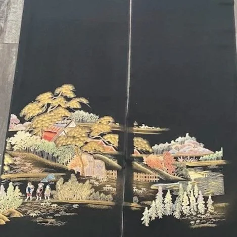 Village Path #A#B Tomesode Black Silk ToF90