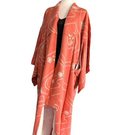 Salmon Pink Shibori VERY LONG Silk Kimono Robe 5414