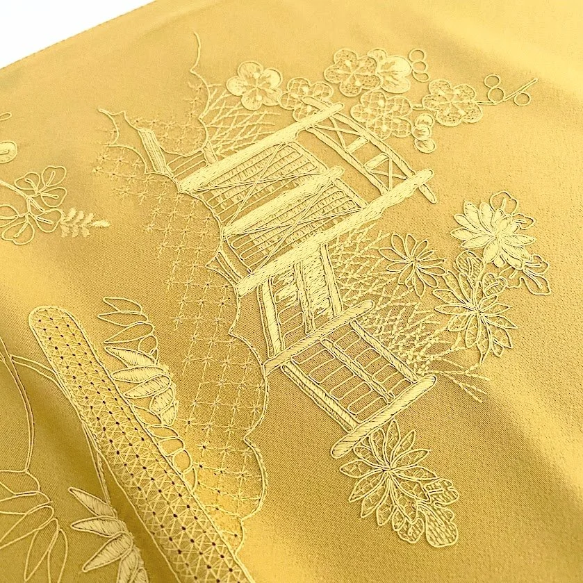 Swatow Embroidery Mustard #B2#B3 Kimono Fabric SCH57