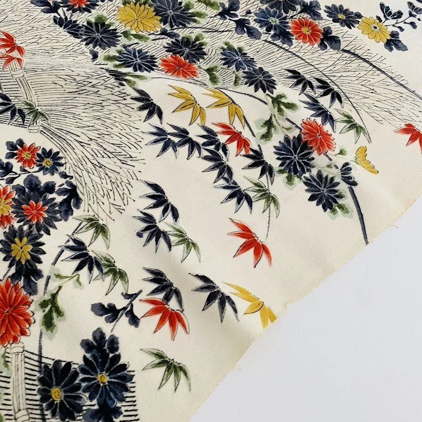 Harvest Thatch 1950s Hand Painted Kimono Silk Fabric RU90