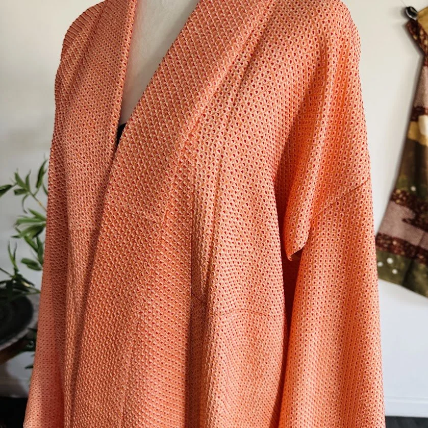 Apricot Coral Shibori LONG Silk Kimono Robe 7302