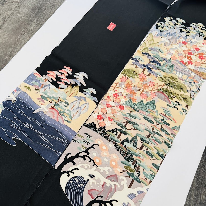 Storybook Kaga Yuzen #E#Fset Tomesode Black Silk ToF98