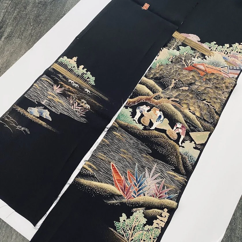 Village Path #E#Fset Tomesode Black Silk ToF90