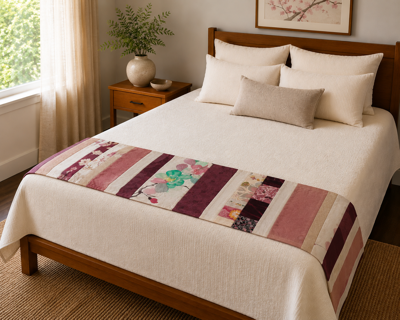 Bordeaux Garden Kimono Silk Textile Bed Table Runner