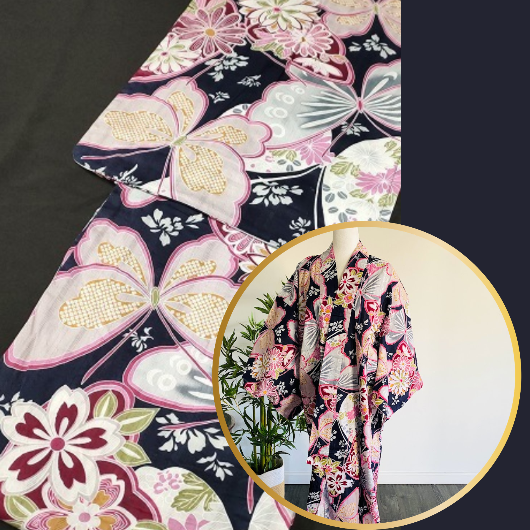 Navy Butterfly WIDE LONG Cotton Yukata Robe NB