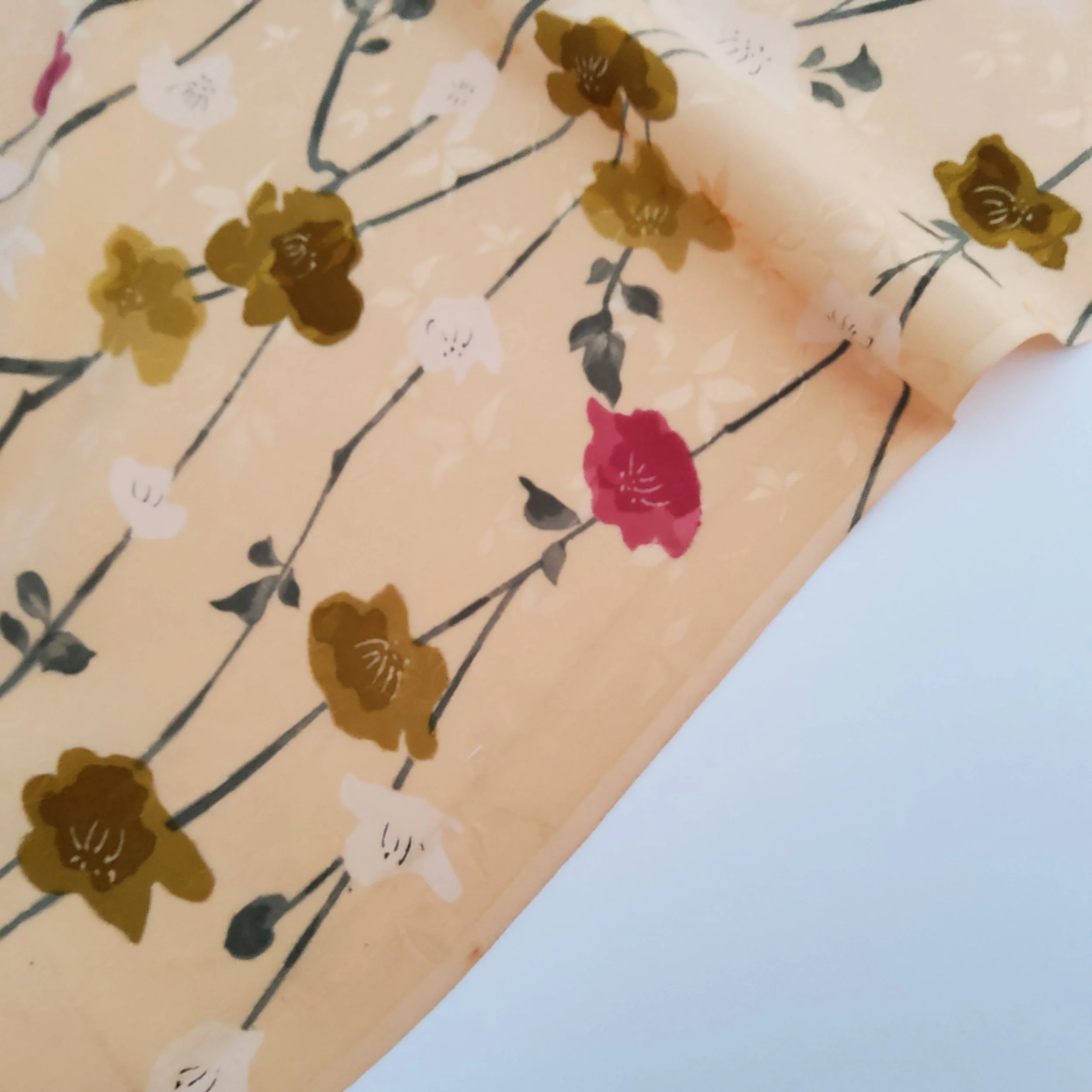 Camellia Branch Hand Painted Jacquard Kimono Silk RU63