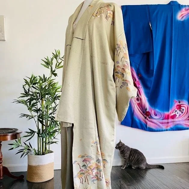 UnUsed (?) Pine Forest WIDE LONG Silk Kimono Robe