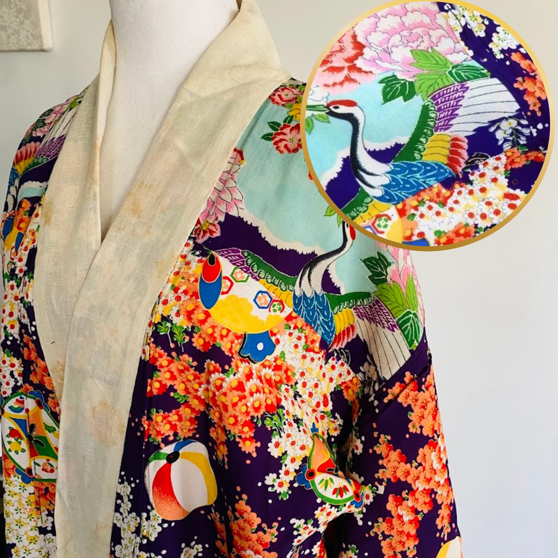 Crane Festival Antique Nagajuban Silk Robe