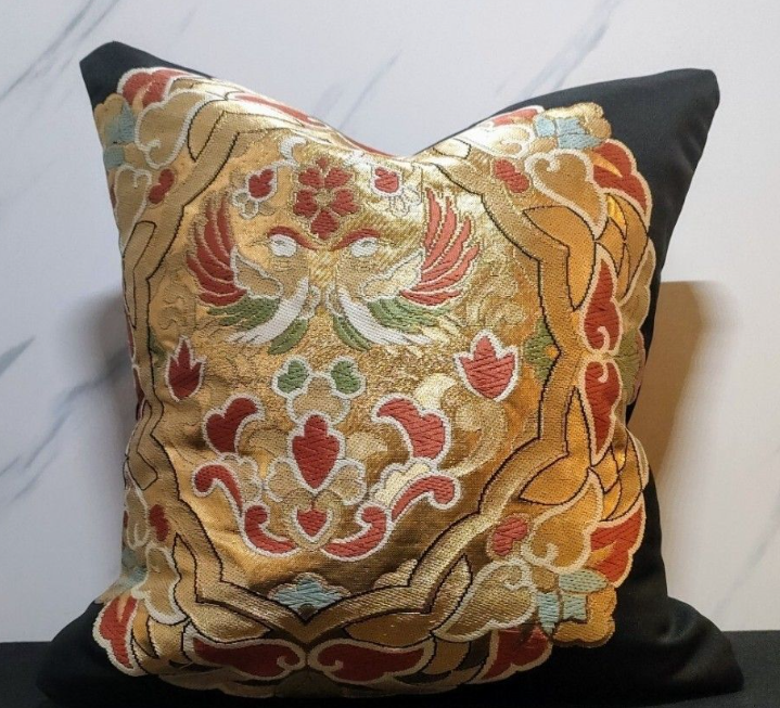 Paired Phoenix 1960s Obi Remake Silk Pillow Cover Case