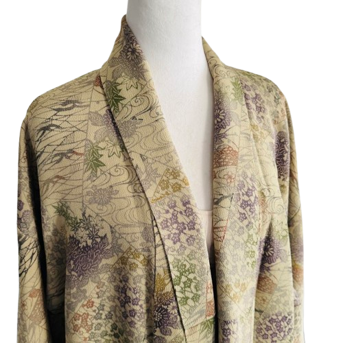 Sage Botanica LONG WIDE Chirimen 1980s Silk Robe