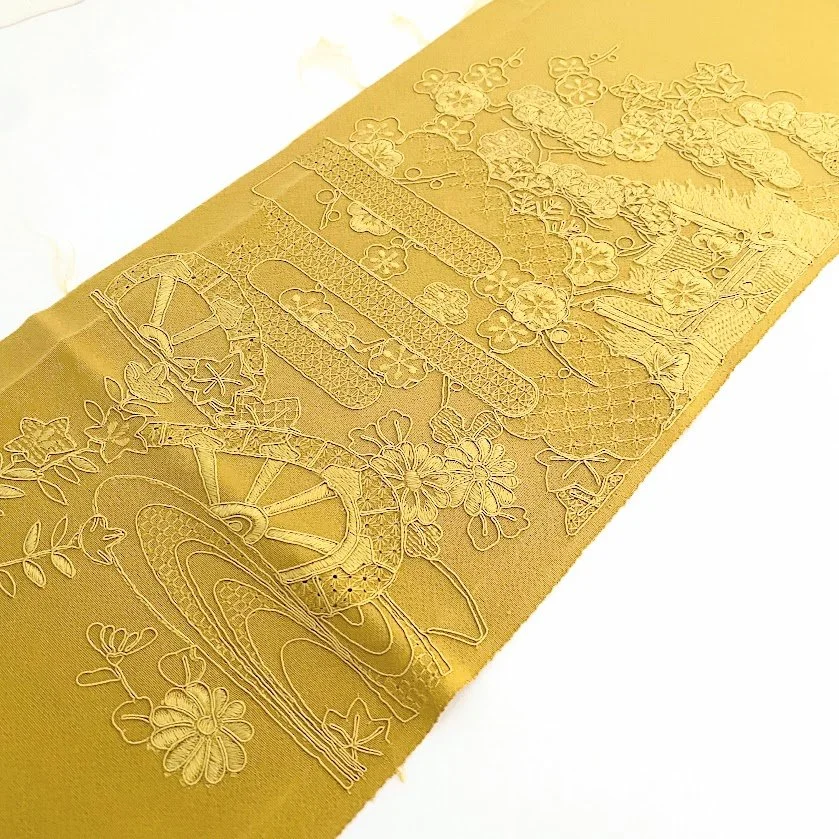 Swatow Embroidery Mustard #C#E Kimono Fabric SCH57