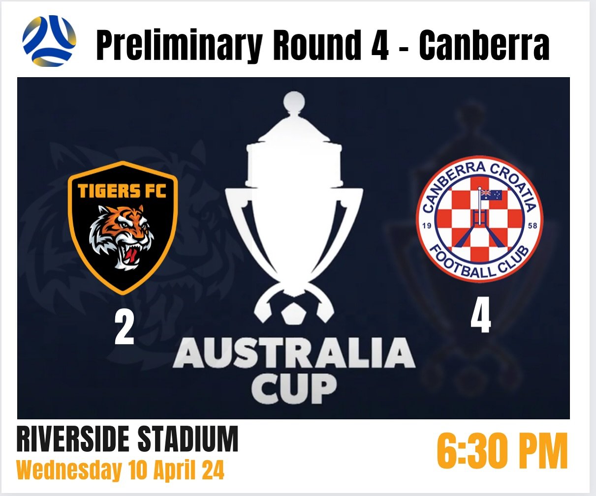 AUSTRALIA CUP | PRELIMINARY ROUND 4
&nbsp;
Not the result we had hoped for last night, but congratulations to @canberracroatiafc who move on to the next round. Thanks to everyone who came out to support our lads.