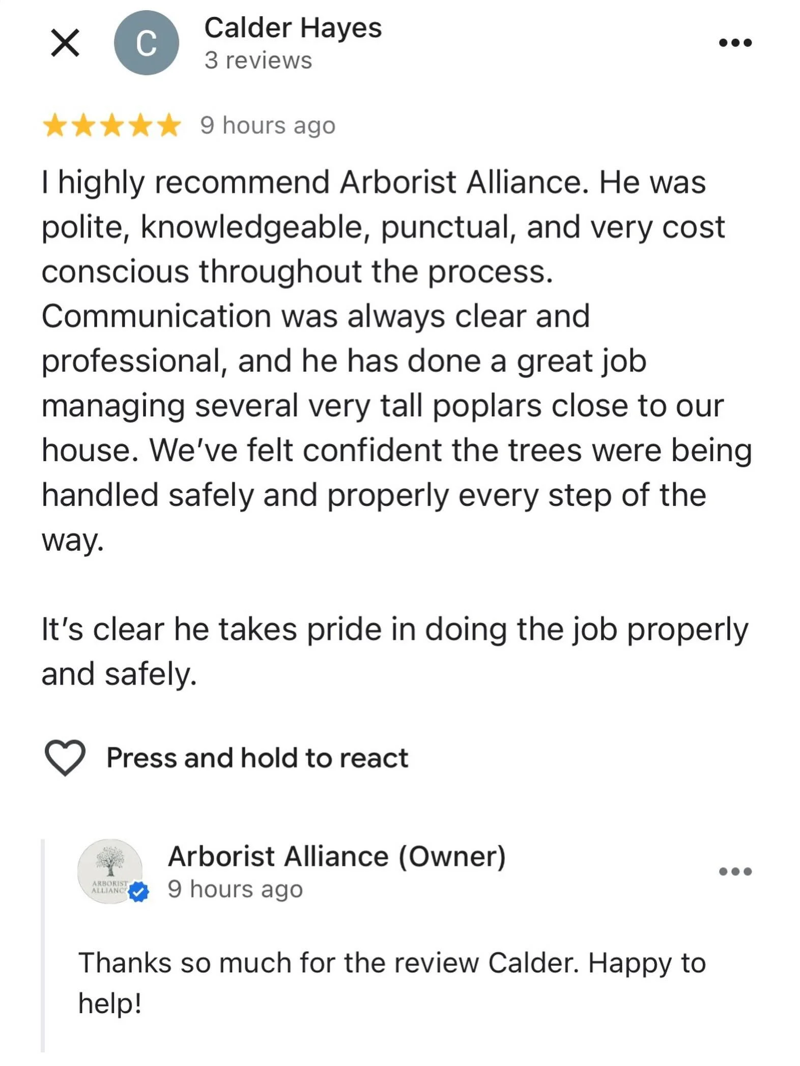 🌟 Another project in the books and another happy customer! 

Our clients say it best, and the results speak for themselves. 🌳

If you have a tree that needs to be assessed, pruned, or removed, Arborist Alliance is here to help. Contact us today to 