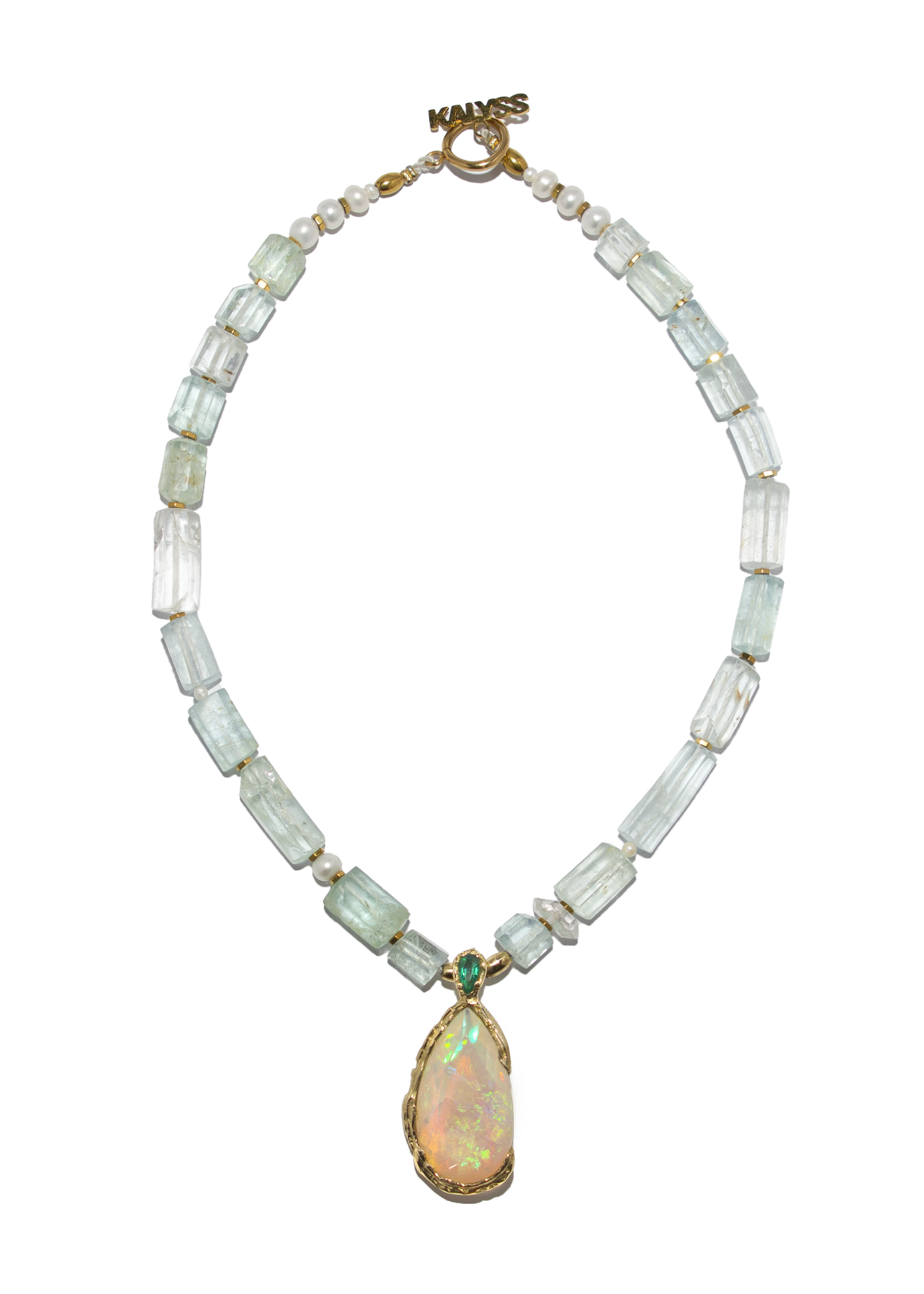 An aquamarine and gold necklace with a large opal pendant and an emerald on the clasp. The pendant is teardrop-shaped with iridescent colors.
