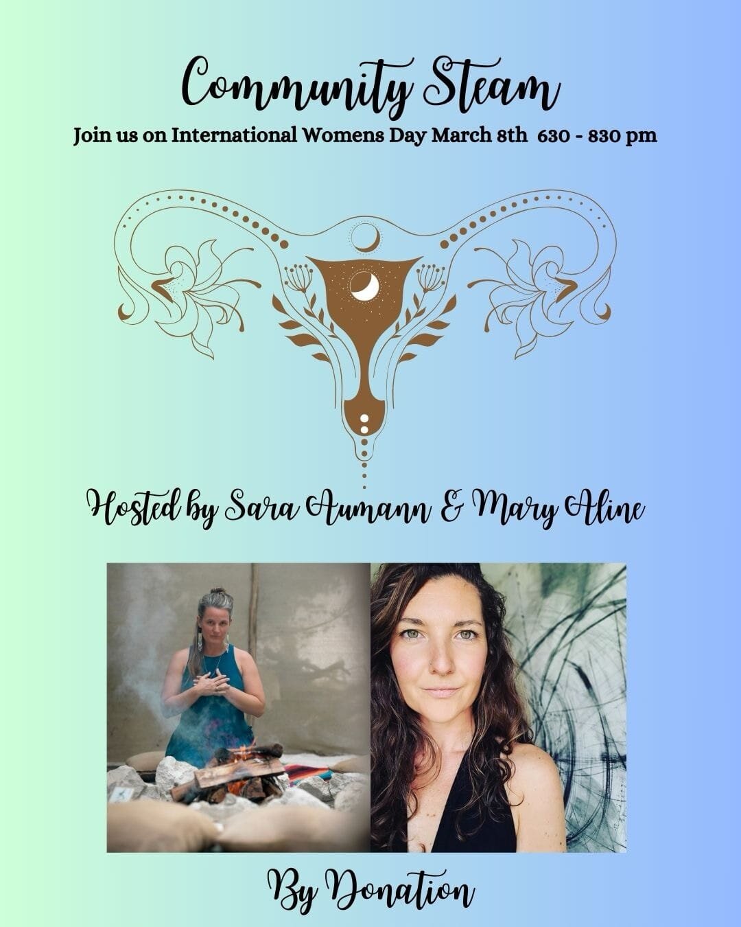 Colorado FAM! I'm back after 7 months of traipsing around (and being a boss babe 🤓) and I want to see yall! Especially my ladies! 

Come steam with me and my dearest Sara J. Aumann this Friday. By donation. 
If you ever wanted to explore yoni steami