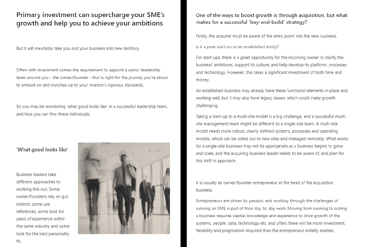Prof services, B2B - series of Linkedin articles for leading consultancy business, aimed at securing investment and fuelling growth for the SME owner. Result - significant increase in Linkedin metrics (engagement, clicks, followers etc) and inbound e