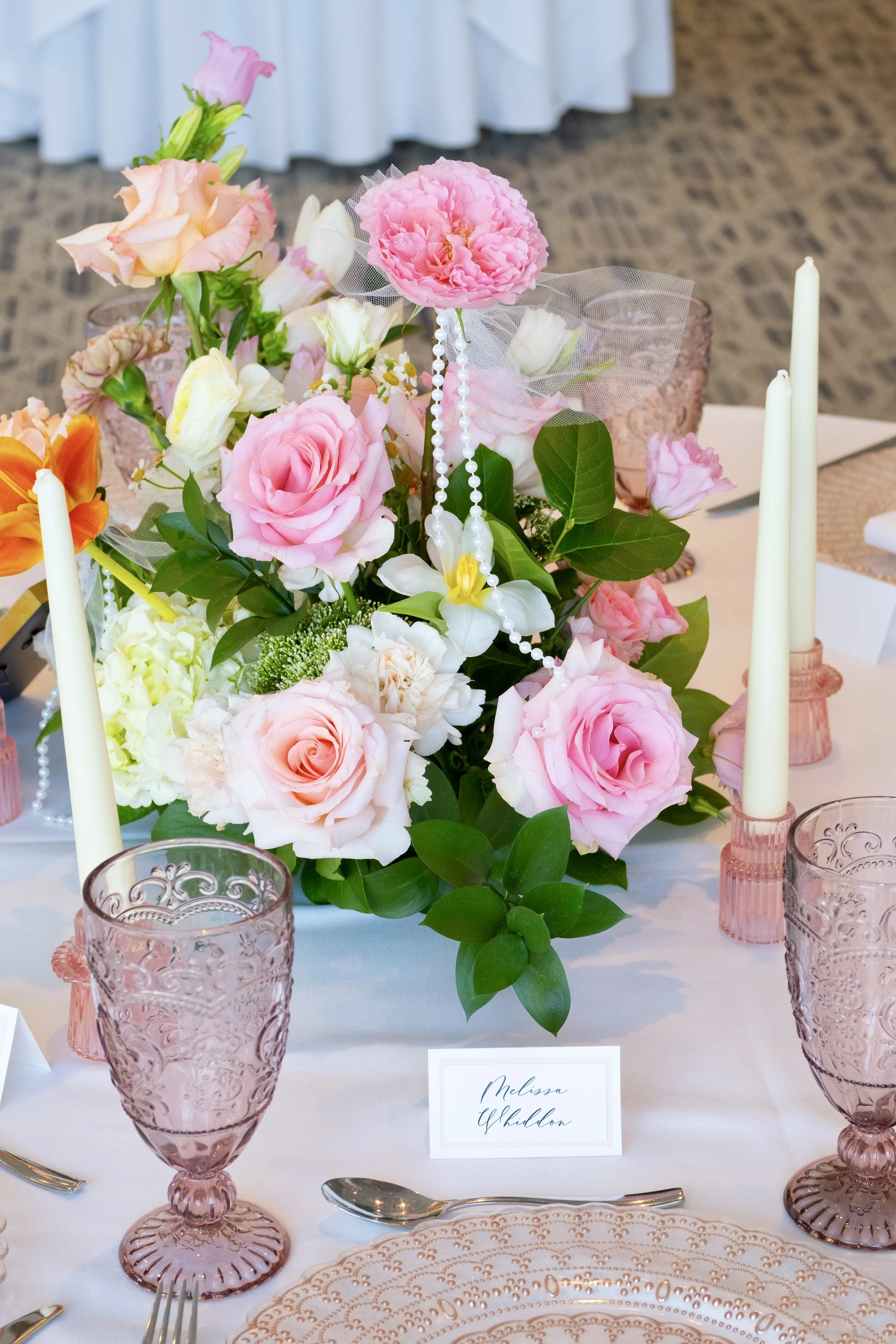 pink ribbon themed, loveshackfancy themed, birthday party, bridal shower, pink party, ribbon flower arch, pink table setting ideas