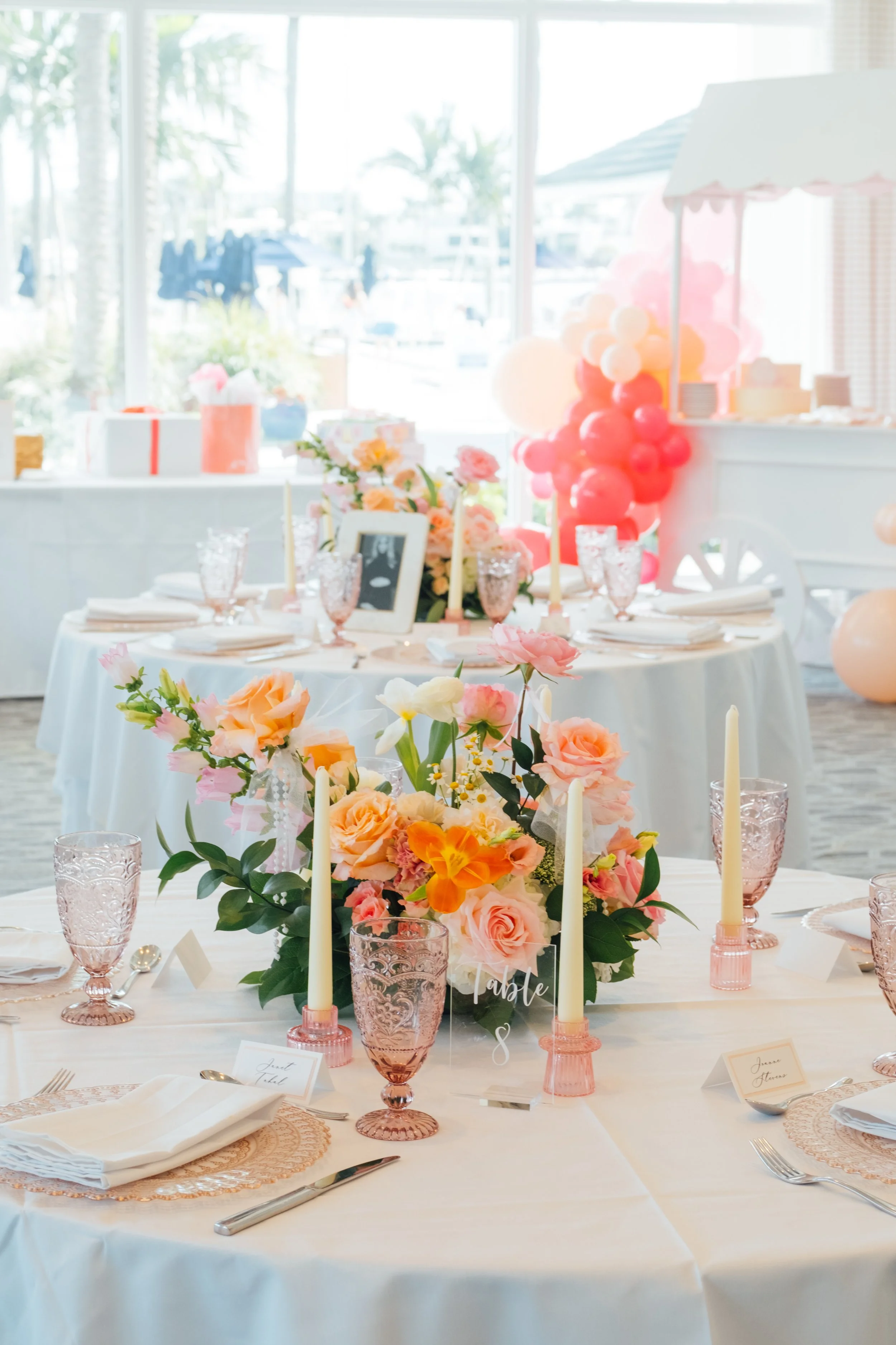 pink ribbon themed, loveshackfancy themed, birthday party, bridal shower, pink party, ribbon flower arch, pink table setting ideas