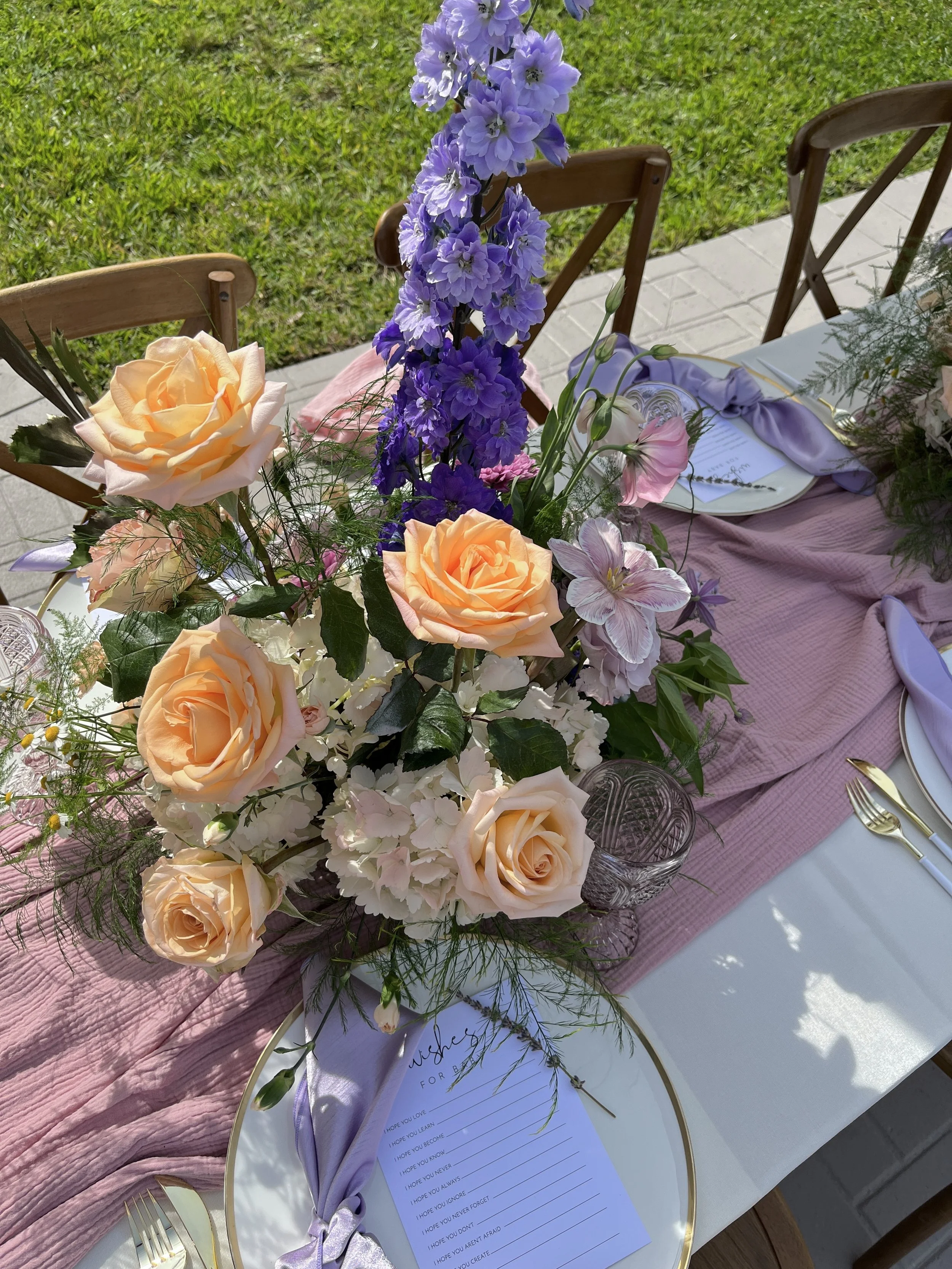 peach fuzz, peachy florals, periwinkle theme, baby shower