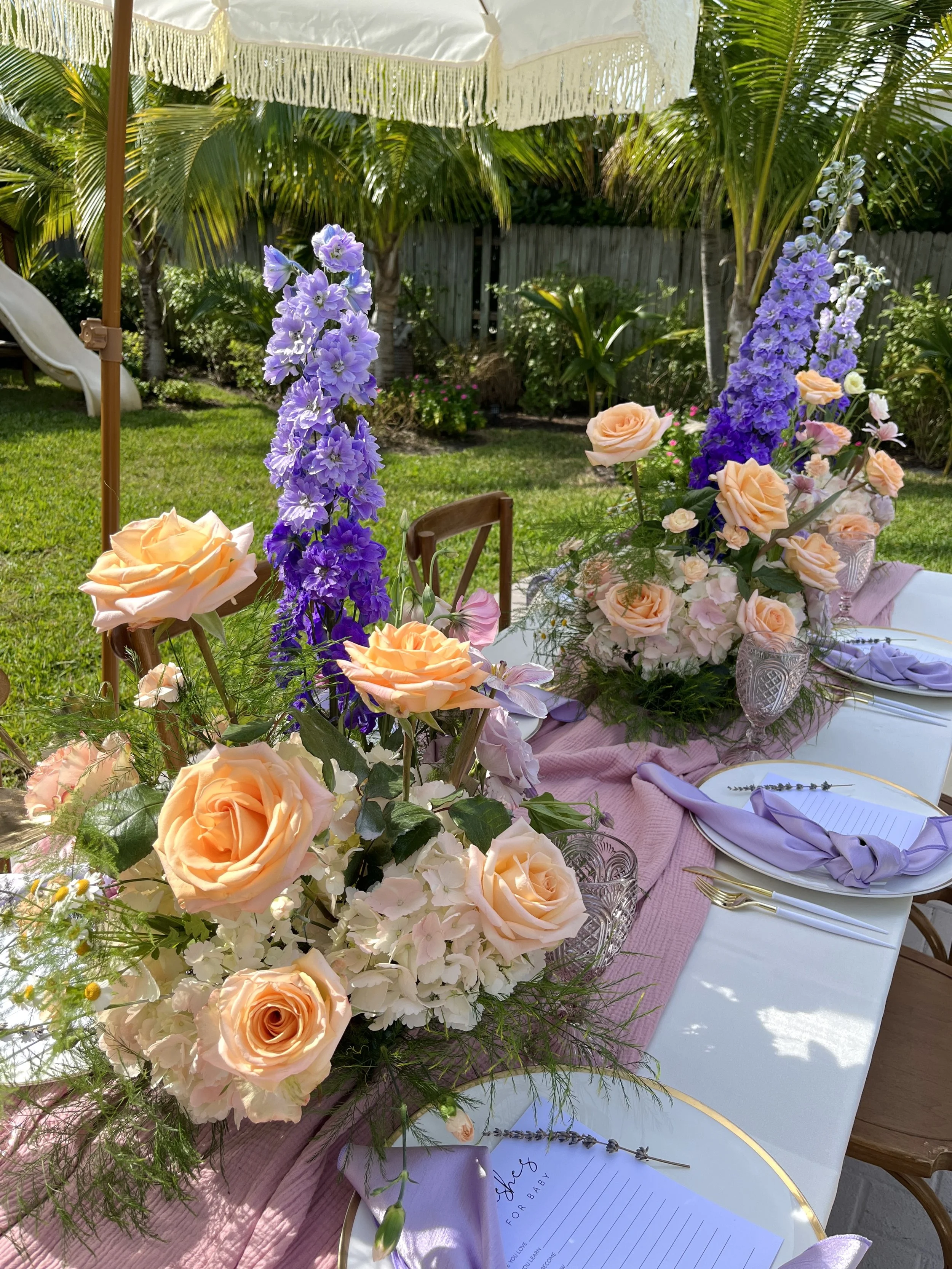 peach fuzz, peachy florals, periwinkle theme, baby shower