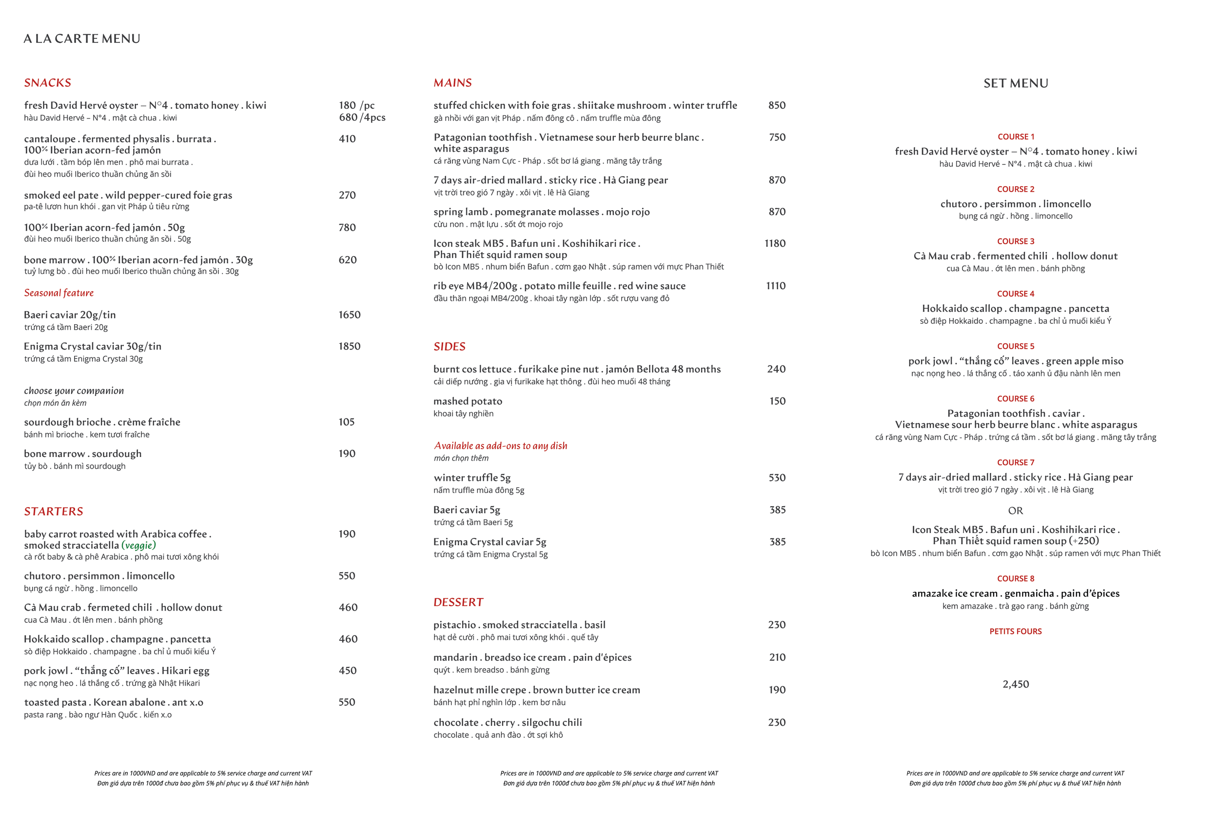 Restaurant menu listing various dishes and prices in Vietnamese and English, including snacks, main courses, sides, starters, desserts, and set menu options.