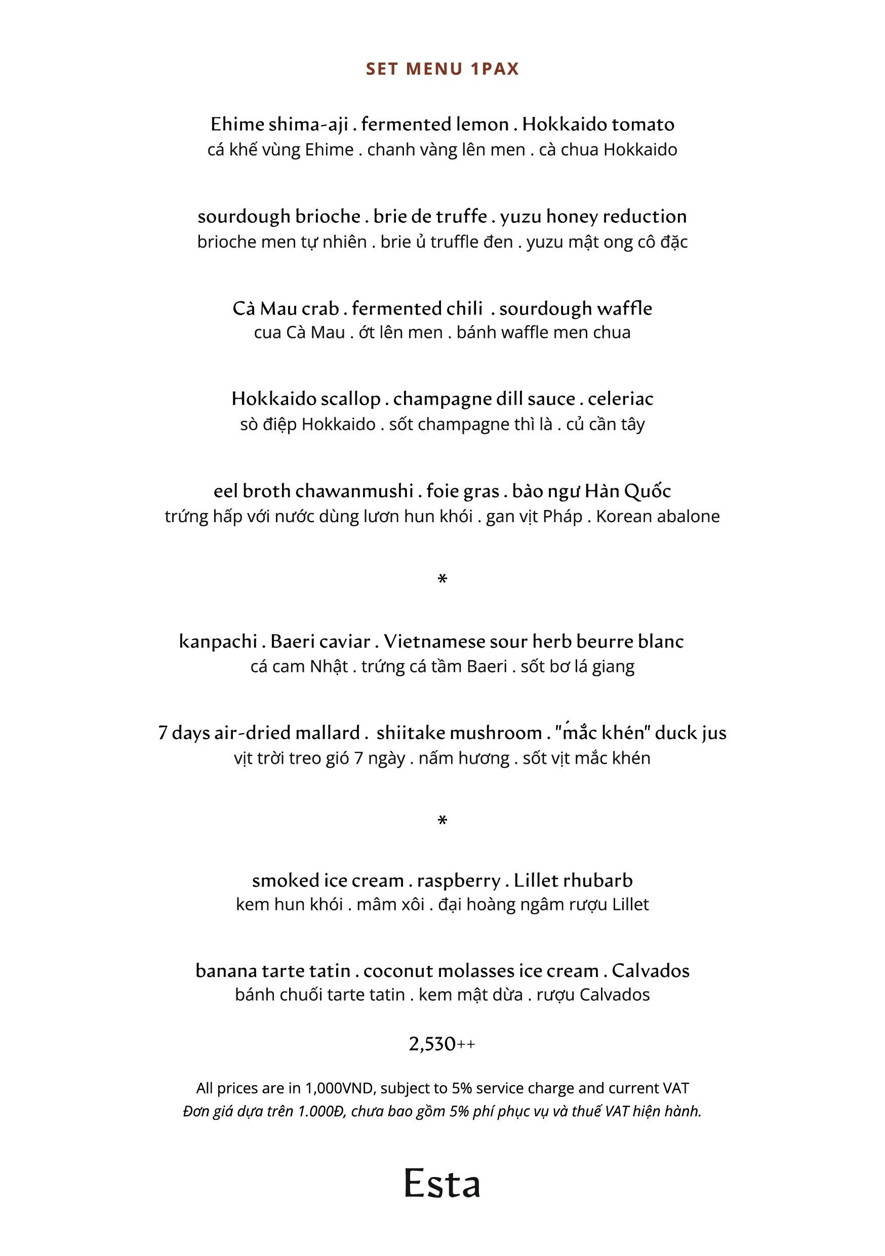 Esta Set Menu for 1 PAX