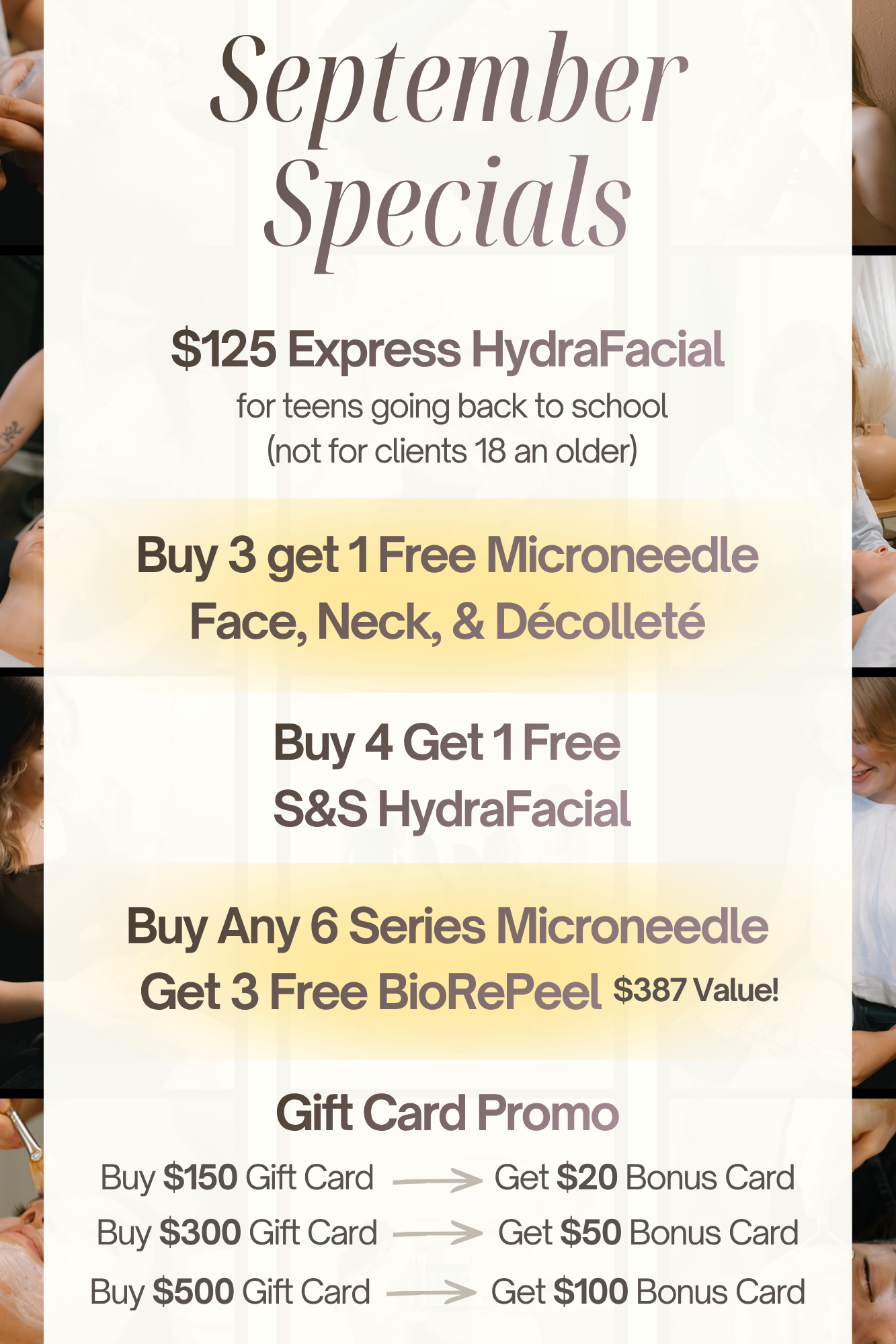 Promotional flyer for September skincare specials featuring deals on HydraFacial treatments, microneedling, and gift cards. The flyer highlights buy 3 get 1 free offers on microneedling, buy 4 get 1 free on S&S HydraFacial, and a gift card promotion with tiered bonus rewards.