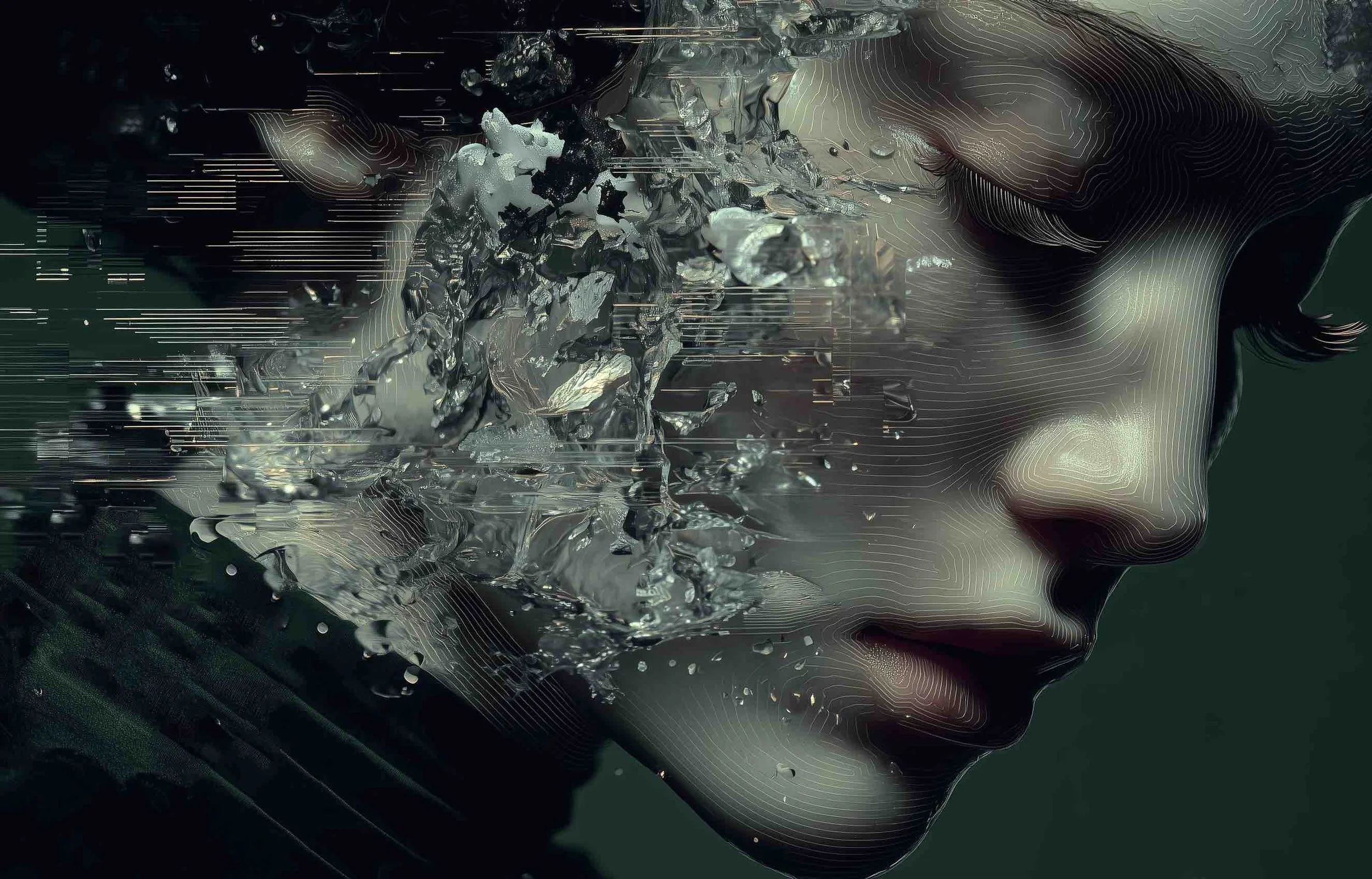 A digital artwork of a woman's face with detailed contour lines, partially obscured by abstract silver and transparent textures that resemble shattered glass or ice, creating a futuristic and artistic effect.